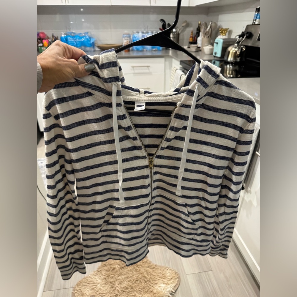 Perfect Condition Navy and White Striped Zip-Up Hoodie